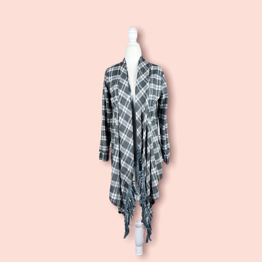 Boutique Gray Plaid Tassel Open Cardigan Sz Medium